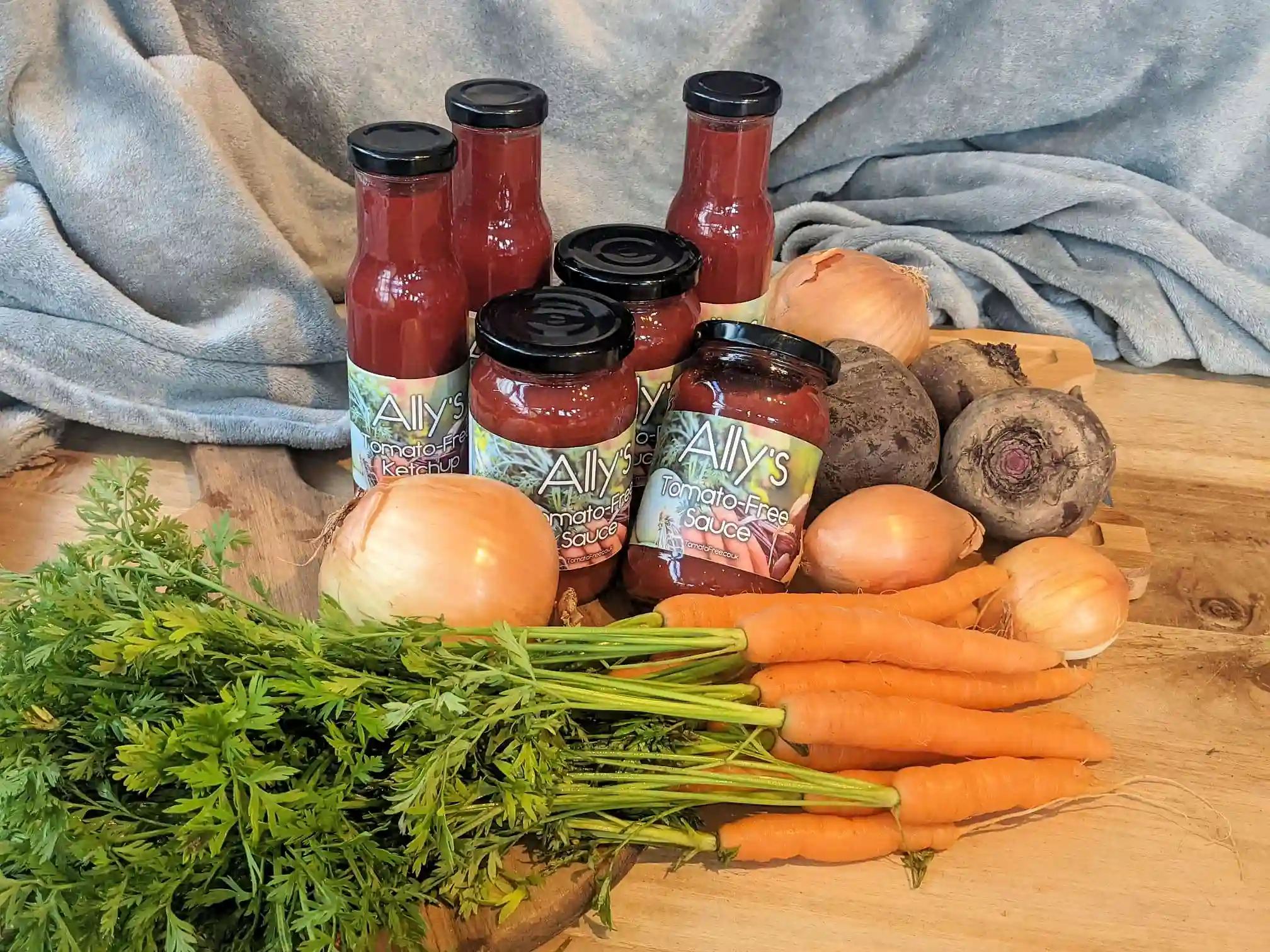 Tomato-free sauces and ketchup surrounded by wholesome vegetables