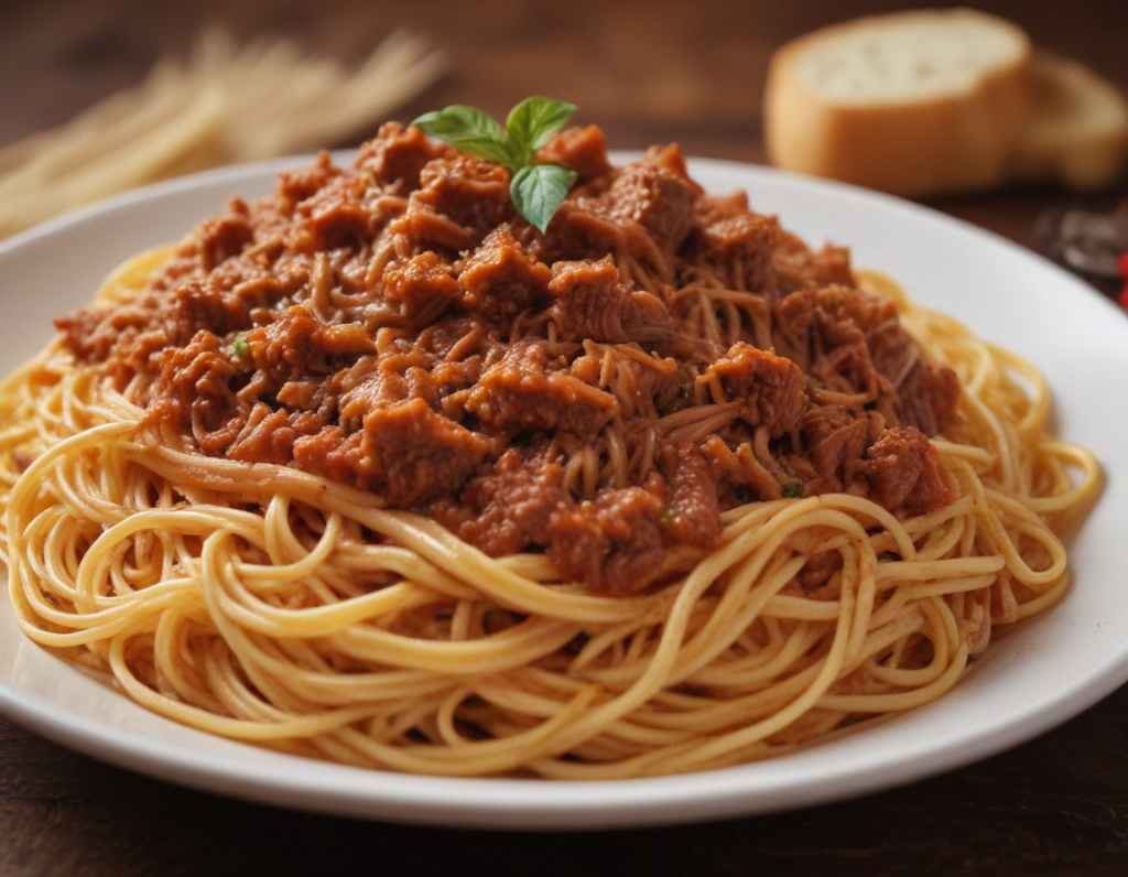 A large helping of tomato-free spaghetti bolognese on a plate.